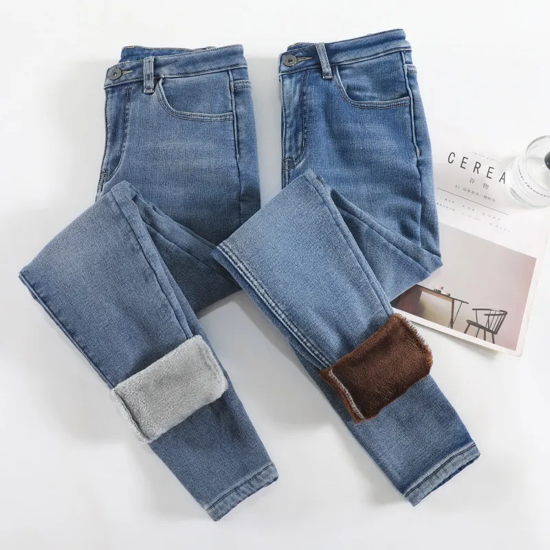 Lã grossa 2022 Novo jeans médio jeans feminino casual jeans skinny jeans quentes calças jeans altamente resilientes