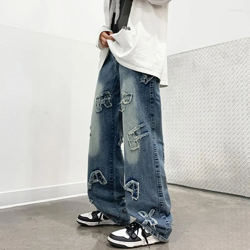 Männer Jeans Europäische Amerikanische Mode Persönlichkeit Brief Stick Tuch Straße Lose Gerade Bein Breite Hosen Baumwolle Hip Hop Kleidung