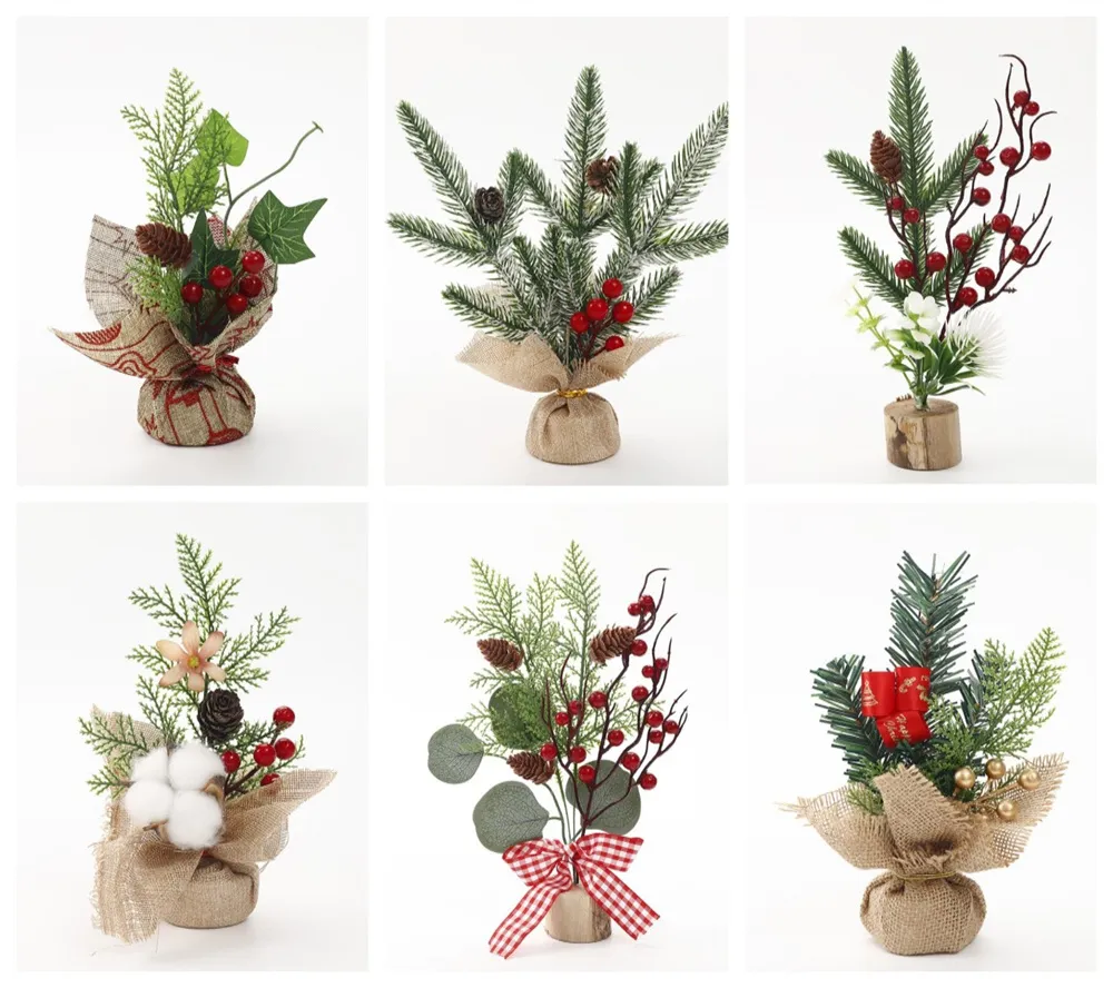 Partihandel mini julgran bordsdekorationer 8 "små konstgjorda träd med röda bär tallkon grönare bordsskiva mittpunkt kd1