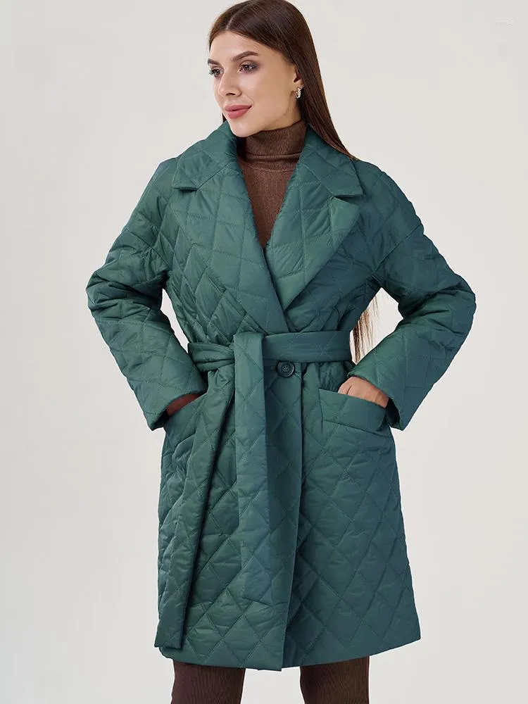 Women's Trench Coats Winter Women RhombusLong Parkas Coat Slim Fashion Female Thick Warm Outwear Long With Belt Jackets Turn Down Collar