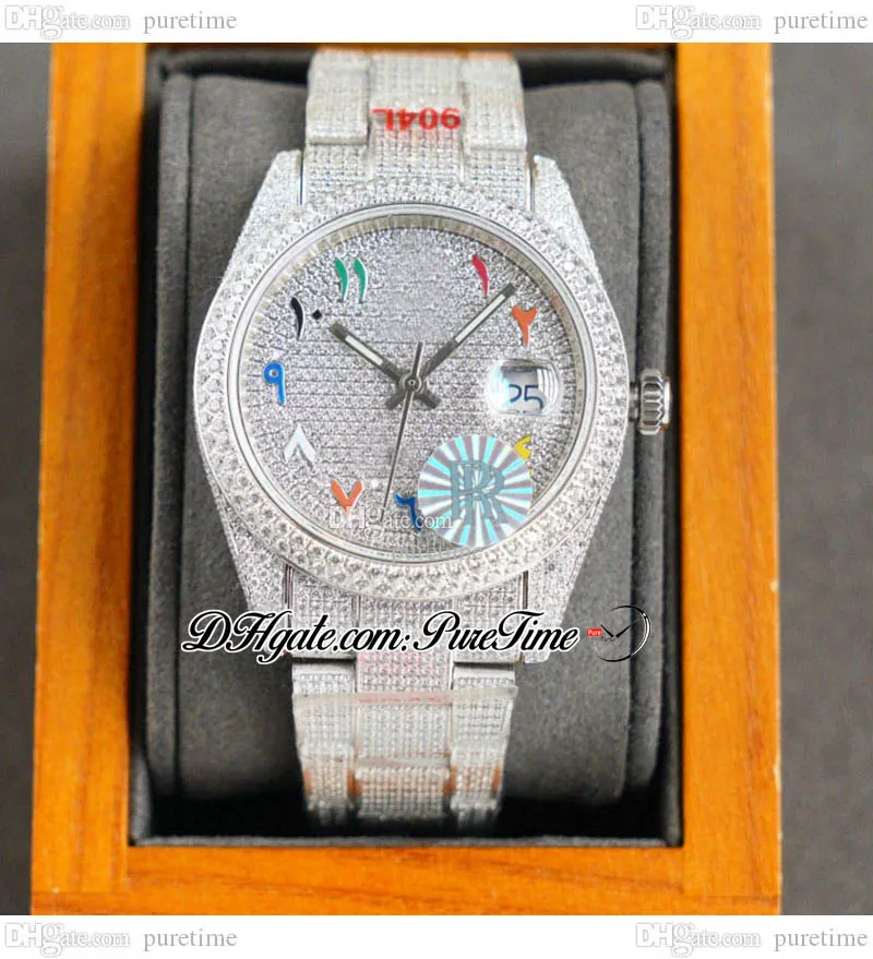 RF 126333 ETA A2824 Orologio da uomo automatico 40mm Cassa con diamanti Colori Quadrante con scritta araba Pavé di diamanti Completamente ghiacciato Bracciale in acciaio 904L Orologi Puretime C07E5