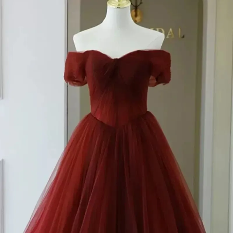 Burgundy Tulle Prom Dress: Off Shoulder Floor Length Evening Gown