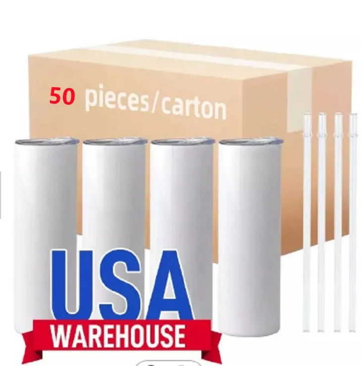 US Warehouse Sublimation Blanks Mugs 20oz Stainless Steel Straight Tumblers Blank White with Lids and Straw Heat Transfer Cups Water Bottles 50 pcs/carton SS1115