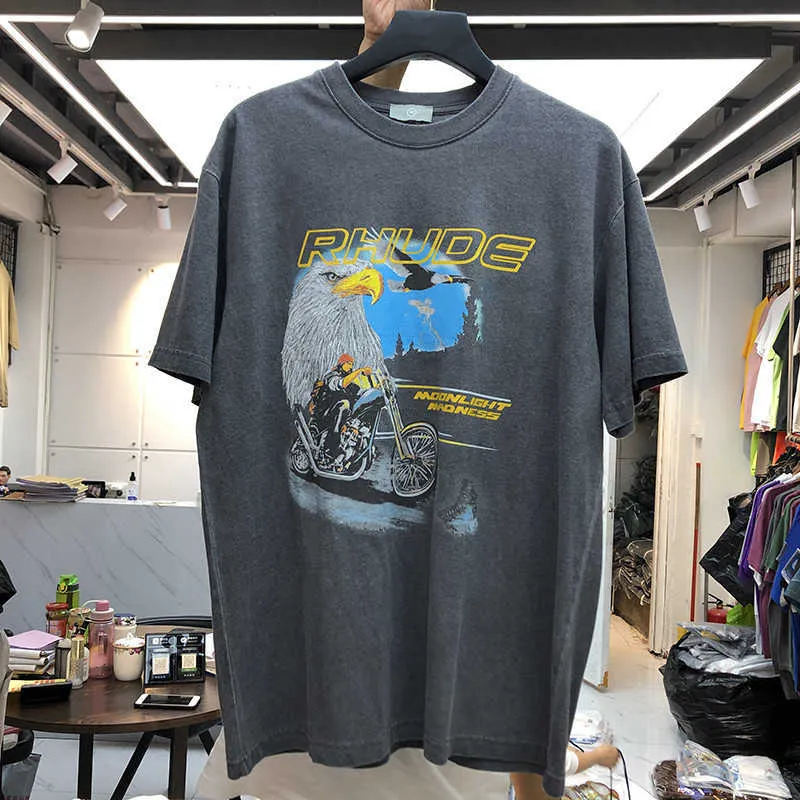 Erkek Tişörtler Vintage Rhude T-Shirt Erkek Kadınlar En İyi Versiyon Lightning Palm Tişört Tişört Kısa Kol VTW4