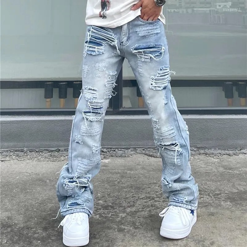 Herrjeans Baggy Hole Flare Jeansbyxor Herr Hip Hop Distressed Streetwear Ripped Utsvängd Biker Skräddarsydd Tvättad Förstörd