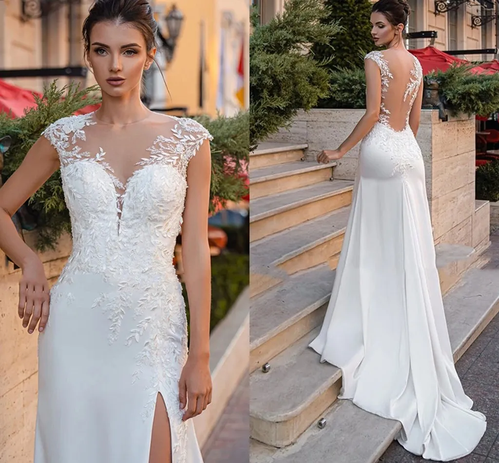 Boho Lace Illusion Back Wdding Dress 2023 Satin Side Split Beach Bride Party vestidos para mujeres Sexy Vestido De Novia hecho a medida