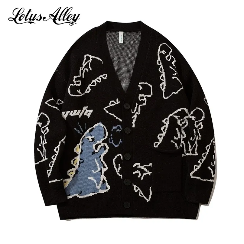 Pulls pour hommes Harajuku Dinosaure Motif Noir Cardigan Hommes Vintage Surdimensionné Dessin Animé Kawaii Manteaux Automne Hiver Lâche Tricoté 221114