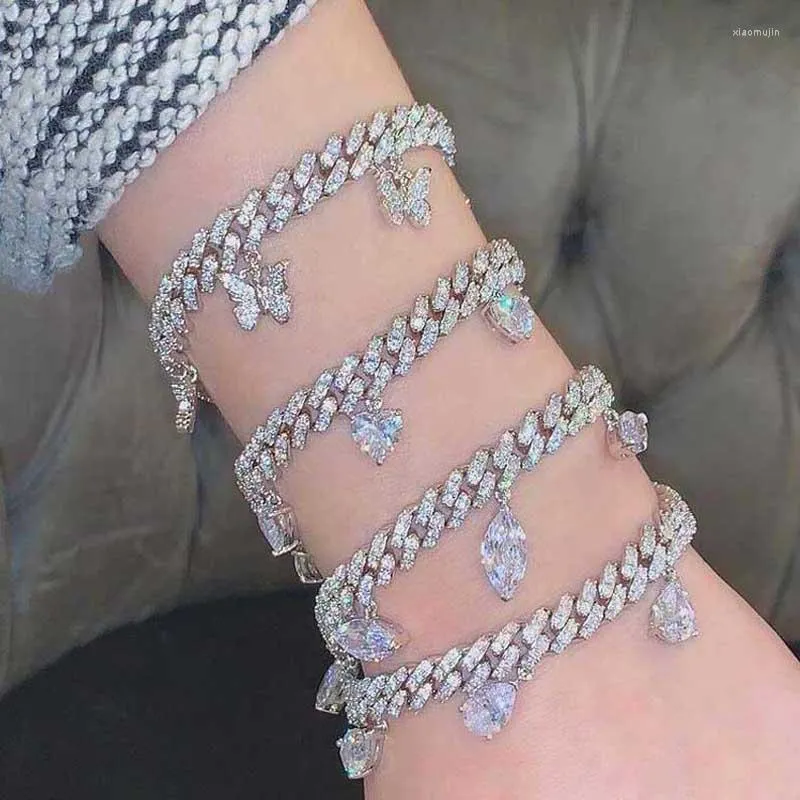 Bracelets de charme lasar gota 5A Bracelete de zircão de 10 mm de cor dourada de prata gelada pavimentada bling miami cubano link para jóias femininas