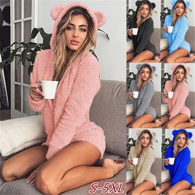 Damen Jumpsuits Strampler Herbst Warm halten Samt Frauen Langarm Bodysuit Niedliche Bärenohren Hoodie Lässige Winter Siamesische Shorts 221115