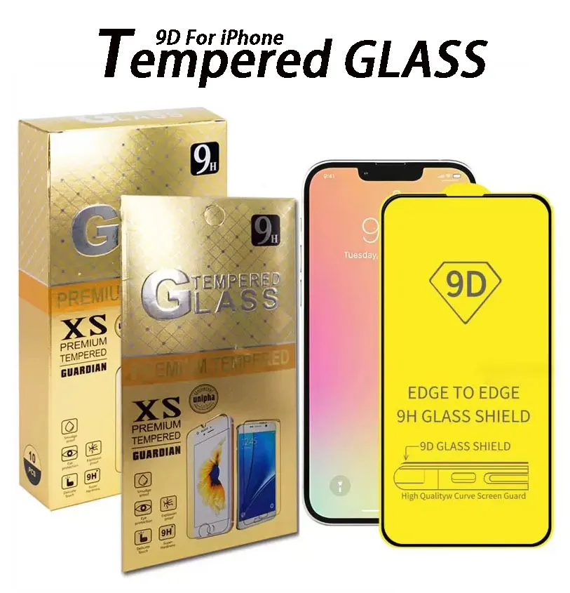 Vollkleber 9D Displayschutzfolie für iPhone 14 Pro Max 12 13 Mini Samsung Anti-Kratzer 9H Härte XR XS 7 8 Plus Schutzfolie mit Einzelhandelsverpackung