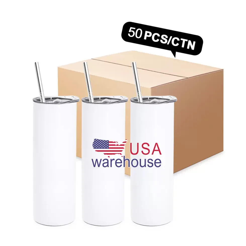 US Warehouse 20oz Sublimation Blank Straight Tumbler Cups Set Stainless Steel Insulated Travel Office Mugs with Closed Lid Straw Slim Water Cup for Party Gifts wly93