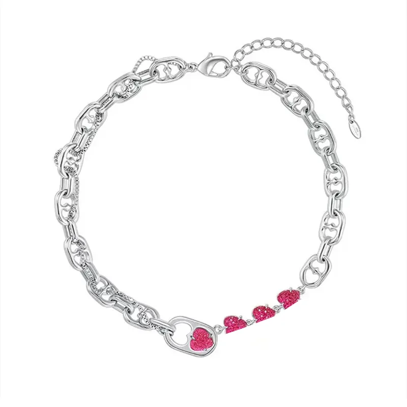 Collar de polvo de frambuesa de amor bidireccional, pulsera de cadena de clavícula pequeña de lujo ligera, pulsera de regalo de verano para mujer, color rosa