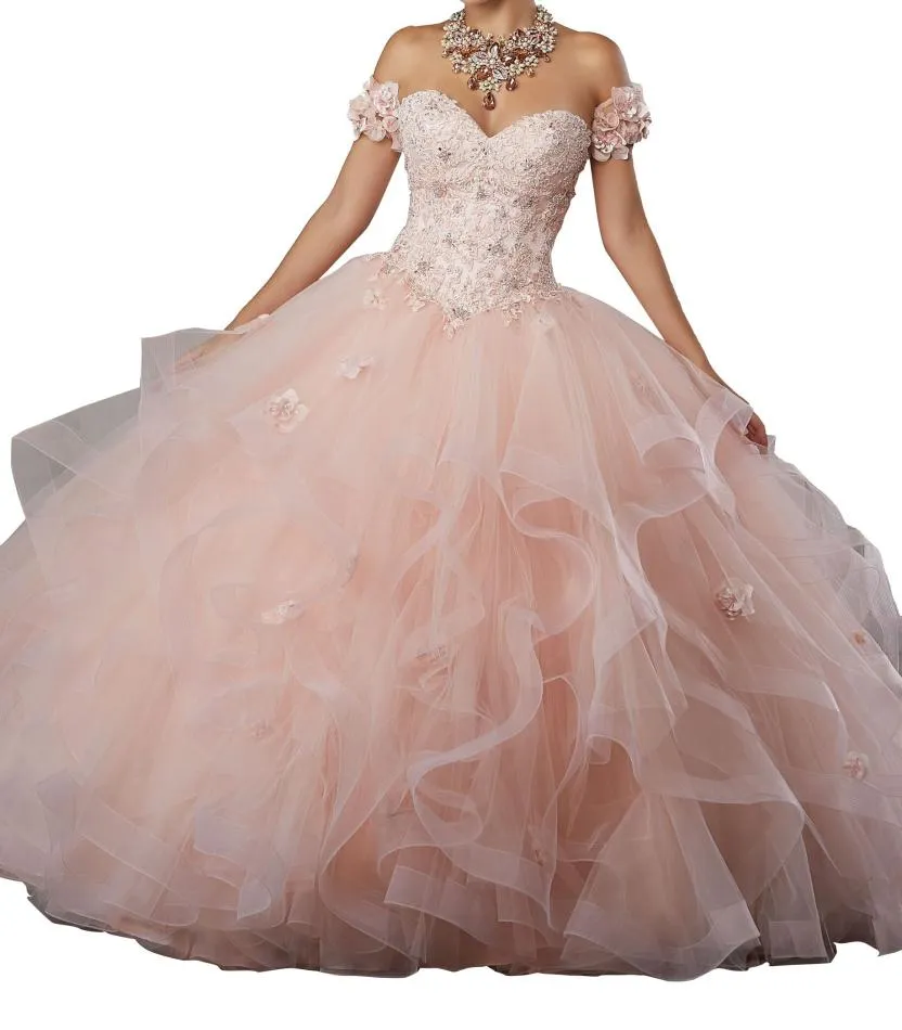 Quinceanera 드레스 하트 모양의 칼라 어깨 레이스 꽃 스커트 멀티 레이어 그물 매트 꼬리 꼬리 핑크 핑크 테일 드레스 커스텀 1509855