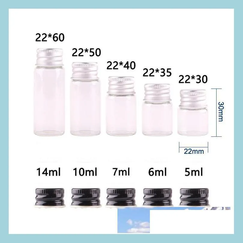 보관 병 항아리 50pcs 5ml 6ml 7ml 10ml 14ml 알루미늄 캡 1/3oz 에센셜 오일 사용을위한 소형 유리 병이있는 투명 유리 병 DHCPV