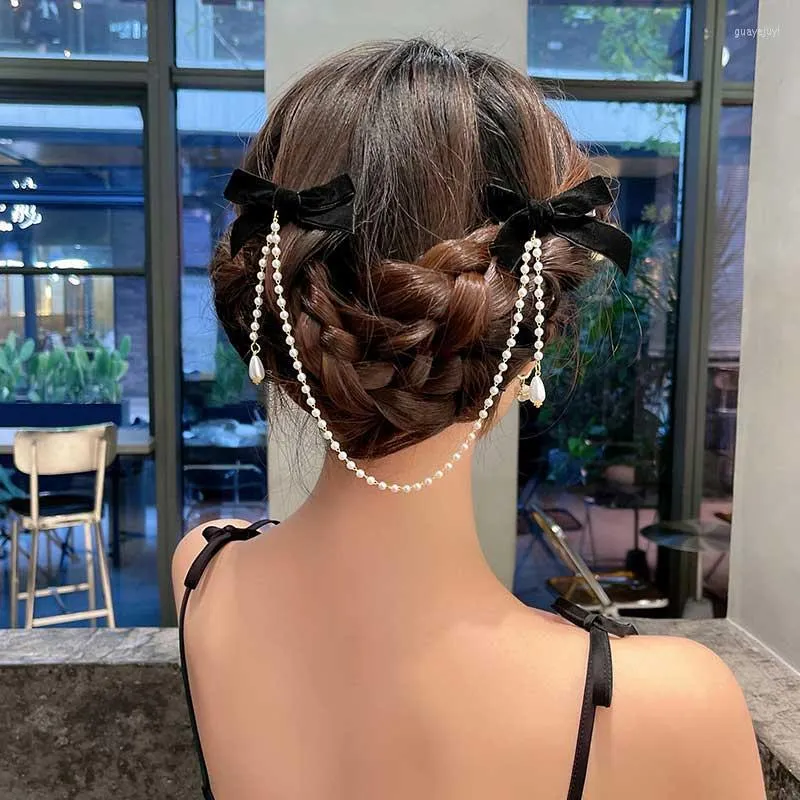 Haarschmuck Elegante Vintage Samt Bogen Haarnadeln mit Quaste Perlenkette Süße Dekorieren Clips für Damenmode