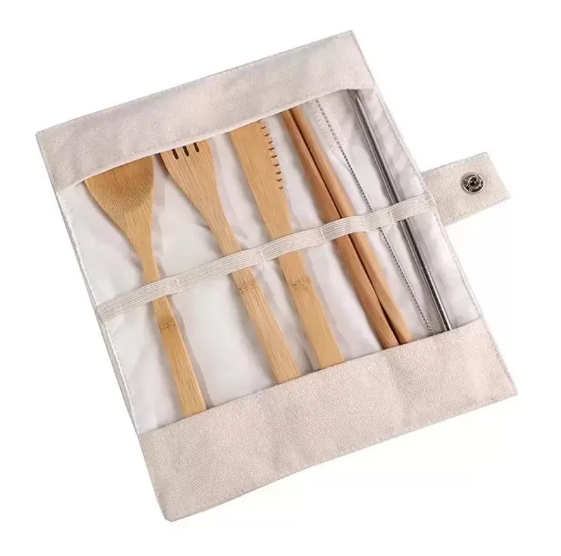 Wooden Dinnerware Set Bamboo Teaspoon Fork Soup Knife Catering Cutlery Sets with Cloth Bag Kitchen Cooking Tools Utensil Wholesale EE