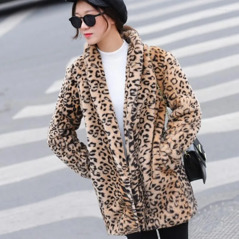 Women's Fur Women Korean Coat Faux Leopard Print Long Jacket Autumn Winter 2023 Coats Women's Jackets Leopardo Mujer KJ292