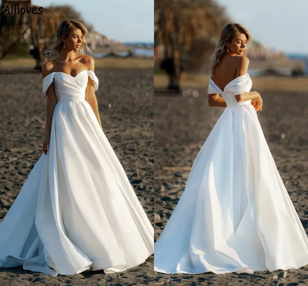 Boho Satén blanco Una línea Vestidos de novia Elegantes fuera del hombro Vestidos de novia de playa simples Tren de barrido fruncido Vestido moderno de segunda recepción Robes de Mariee CL1456