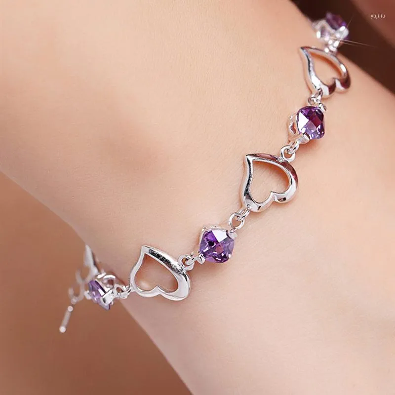 Bracelets à maillons de haute qualité, couleur argent 925, cœur violet cristal Zircon pour femmes, bijoux de fête de fiançailles, cadeau