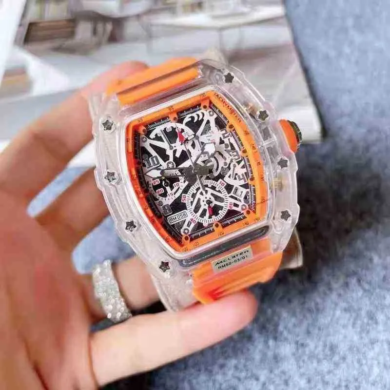 Richarsmill relógio mecânico masculino de luxo, pulseira de silicone transparente, mostrador vazado, cor, relógios multiuso para homens e mulheres