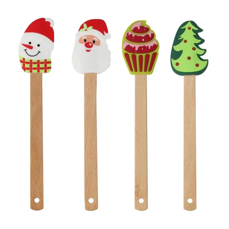 Silicone Cream Spatula Árvore de Natal Papai Noel Bolo de neve de boneco de neve mistura Ferramentas de cozinha raspadoras com alça de madeira RRC353