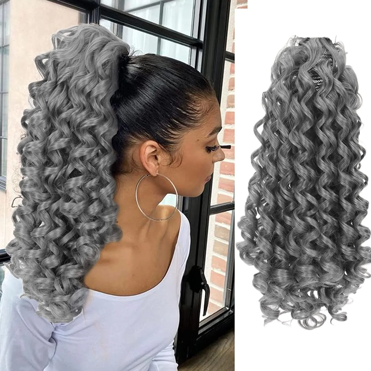 Extensão de cabelo de rabo de cavalo de rabo de cavalo de cordão para mulheres de rabo de cavalo prateado Black Women Silver Railys 14 polegadas Curl Wavy Grey Pony Tails Grey# Yong Girl 120G 140G