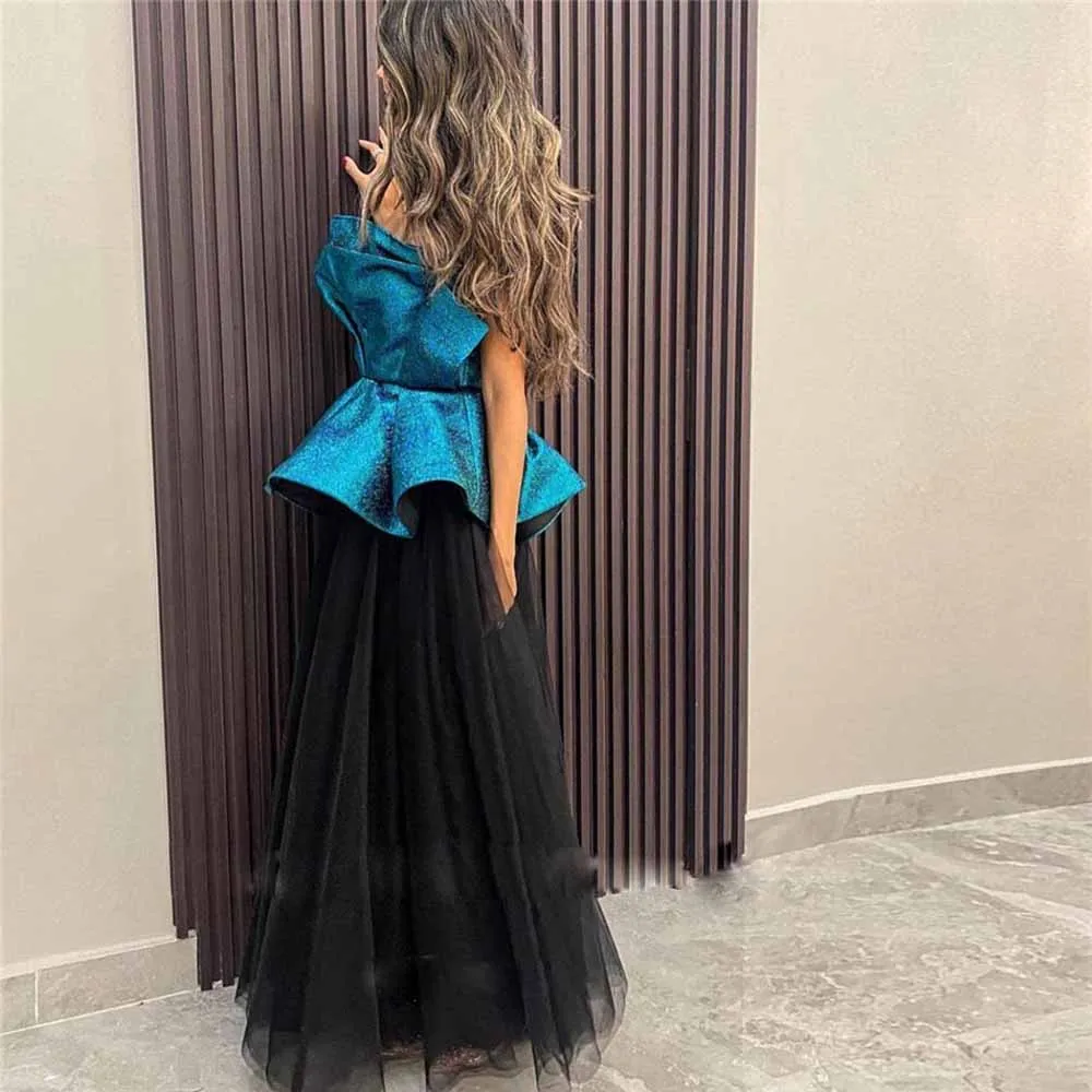 Contraste Couleur Robes De Bal Sans Bretelles Bleu Tulle Noir Robe Formelle Volants Top Saoudien Arabe Femmes Soirée Robe De Soirée