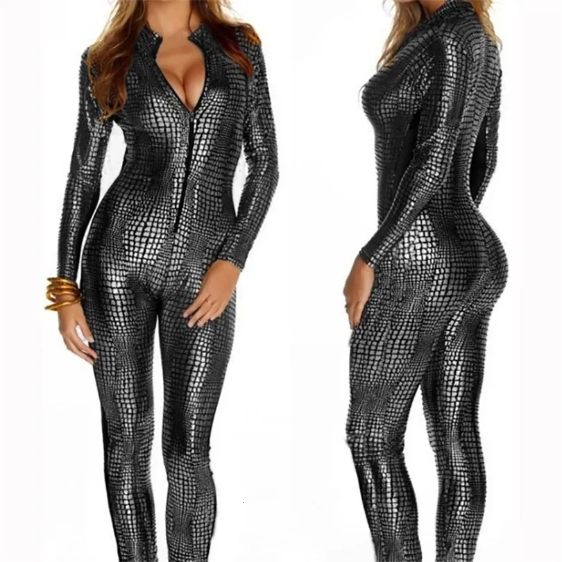 Womens Jumpsuits Rompers Sexy Women Snake Skin Faux Leather Catsuit Bodycon Bodysuit Front Zip Wetlook Stretch Bodystocking Erotic Costumes 221115