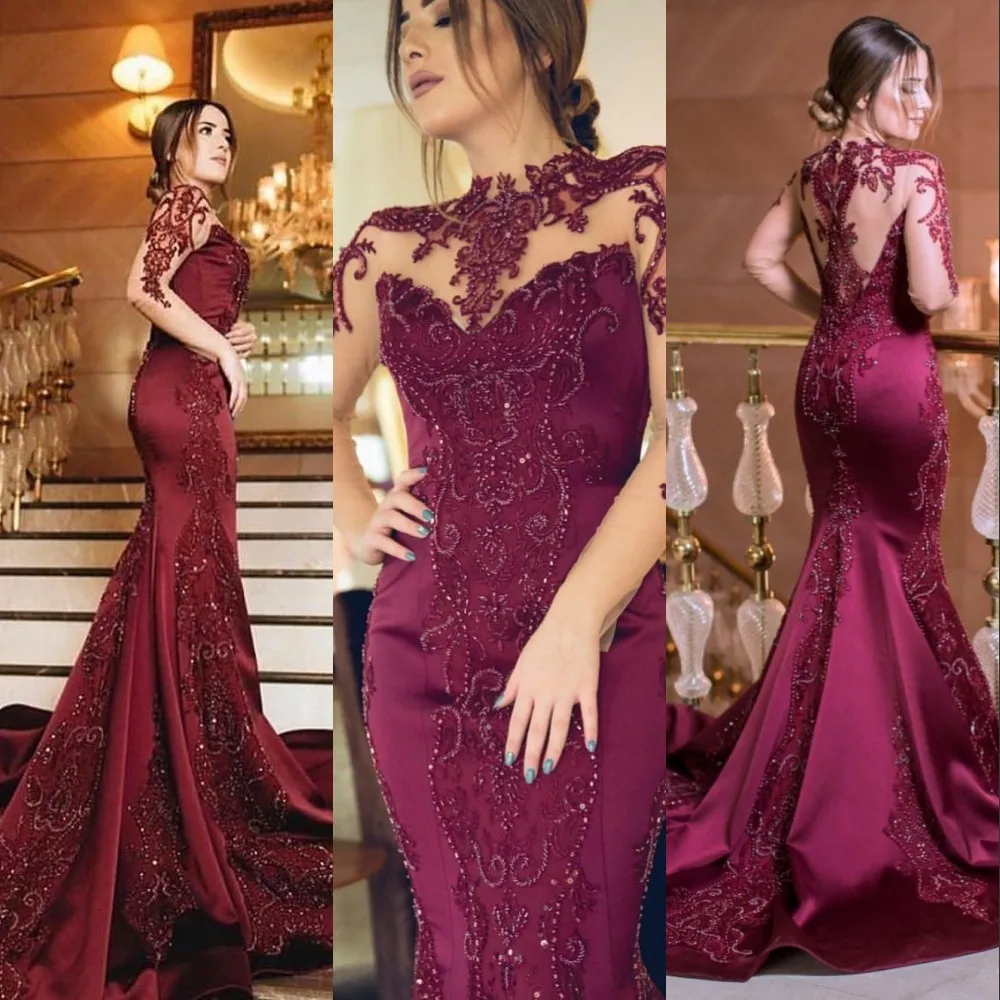 Burgundy Arabic Mermaid Burgundy Mermaid Prom Dress With Jewel Neckline Illusion Long Sleeves Lace Appliques Crystal Beads And Dark Red Accents Perfect For Evening Parties And Saudi Arabia In 2023 Fro...
