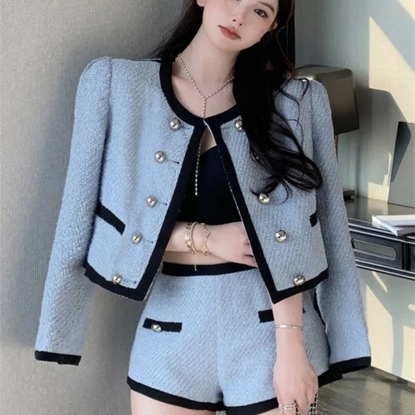Womens Two Piece Pants High Quality Small Fragrance Tweed 2 Set Women Jacket Coat Shorts Sets Fashion Street Slim Suits 221115