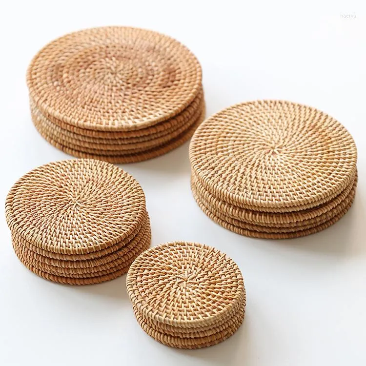 Masa Paspasları 6pcs Toptan El Yapımı Sofra Placemat Yemeği İçecek Kupası Mat Pad Dokuma Rattan Coasters Set