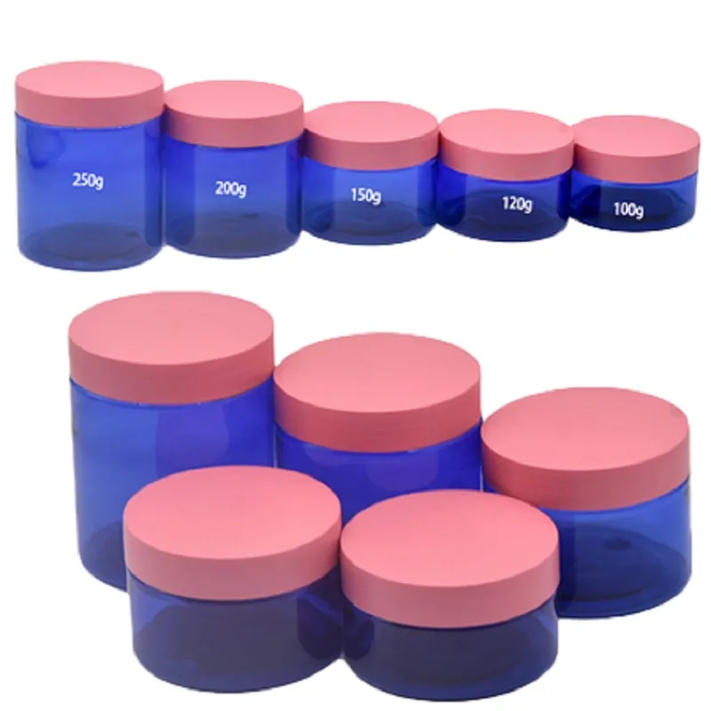 Imballaggio cosmetico vuoto Bottiglia di plastica a forma di colonna circolare Vaso nero e blu trasparente Coperchio rosa Contenitore per imballaggio portatile ricaricabile 100g 120g 150g 200g 250g