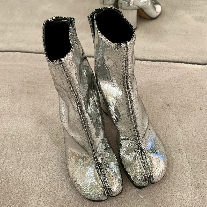 2024 bottes argent Tabi bout fendu talon épais en cuir Zapatos Mujer automne femmes chaussures Botas8