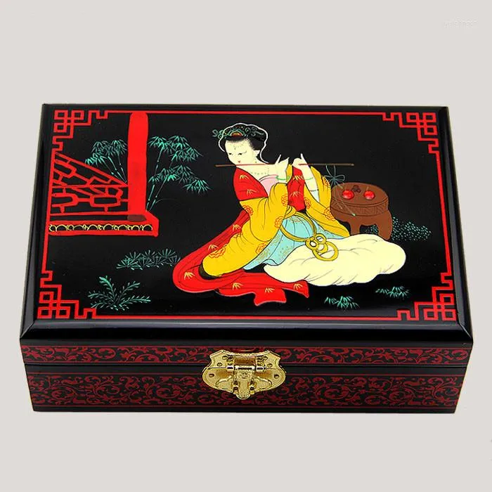 Jewelry Pouches Chinese Handmade Classic Wooden Lacquer & 2 Layers Flute Female Box 002