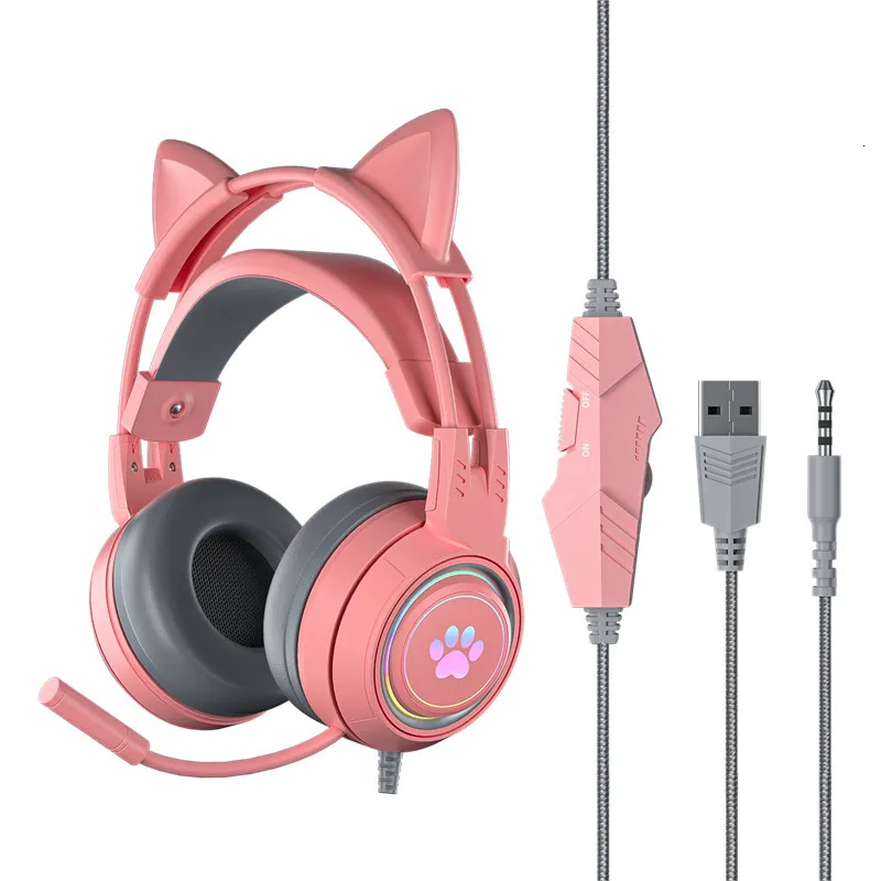Auricolari per telefoni cellulari Cute Cat Gaming Headset per PS4 3 5 Wire Mic Controlled LED Light Noise Cancelling PC Over Ear ESports Cuffie 221114