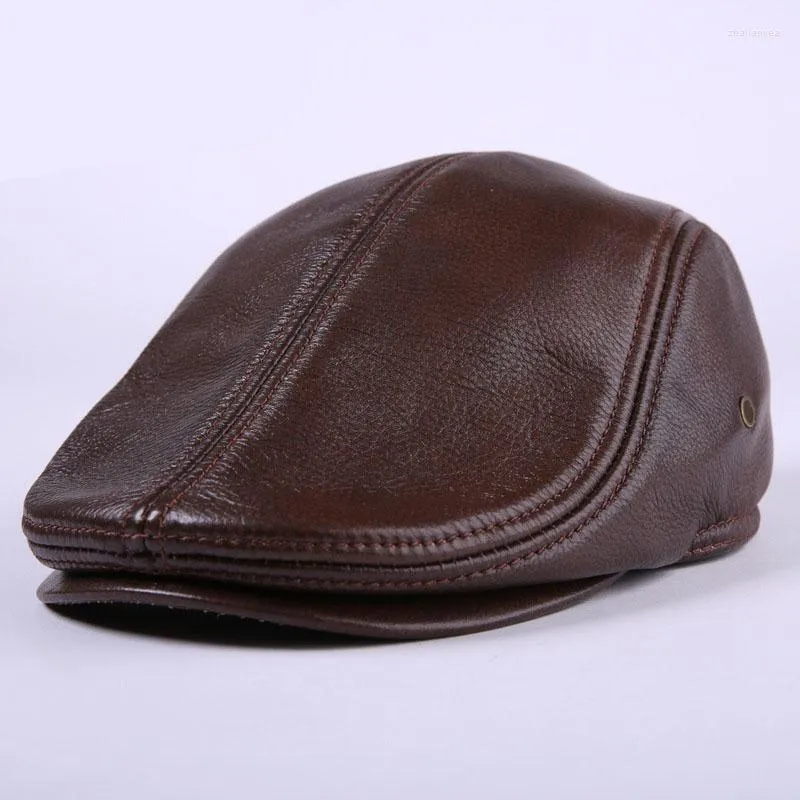 Berets Cowhide кожа Sboy Caps Осень Зимняя толстая берет держит теплую пожилой шляпу среднего возраста мода Gastby Flat Ivy Cap