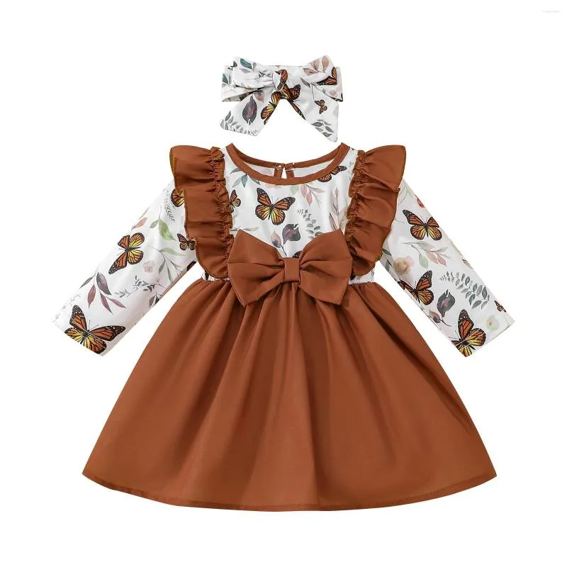 Fille robes princesse infantile bébé filles papillon imprimé robe douce à manches longues à volants Patchwork automne et bandeau