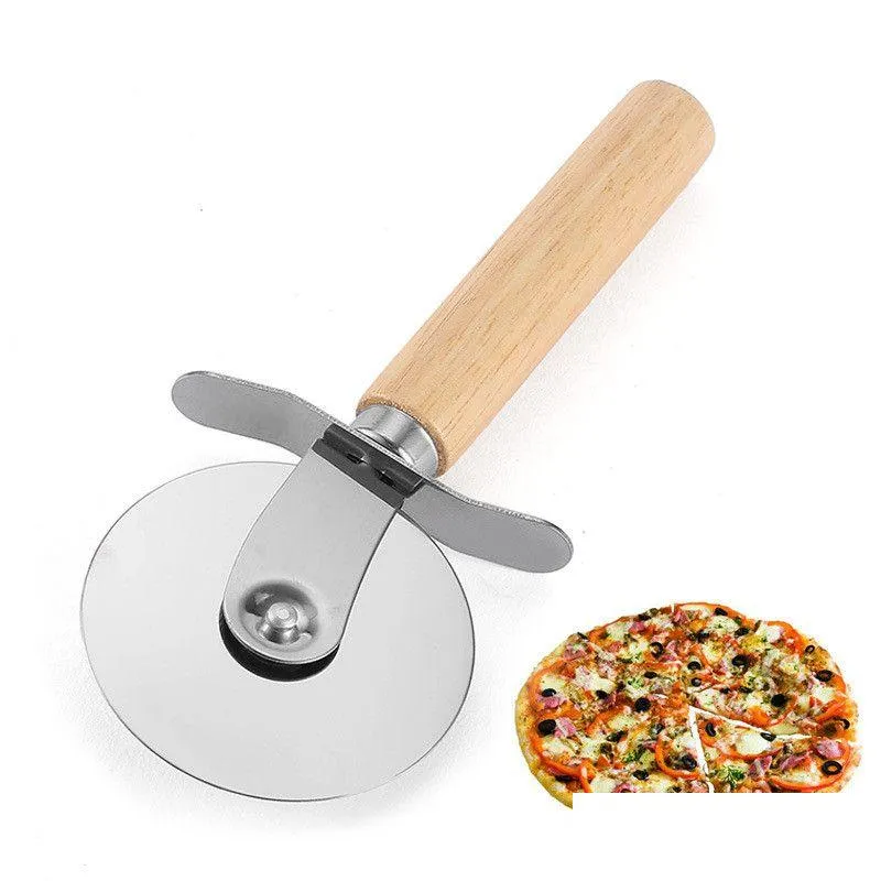 Cake Tools Round Pizza Cutter Tool Stainless Steel Confortable With Wooden Handle Knife Cutters Pastry Pasta Dough Kitchen Bakeware Dhkbj