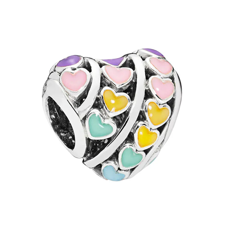 Charme de coração de amor colorido com caixa original para Pandora Real Sterling Silver Bangle Braça
