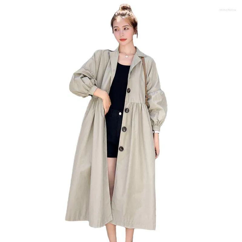 Trench damski płaszcze Lantern Sleeve Overcoat 2022Spring Long Płaszcz Kobiety Sym Slim Khaki Slim Khaki Fashion Windbreaker FOP