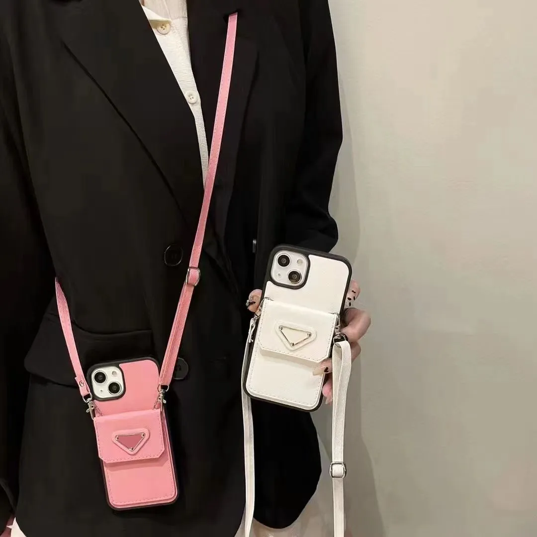 Étuis de téléphone à bandoulière de créateur de mode pour iPhone 14 13 12 11 Pro Max coque arrière en cuir noir 14Pro 14ProMax 13ProMax Mini porte-carte porte-monnaie sac à bandoulière