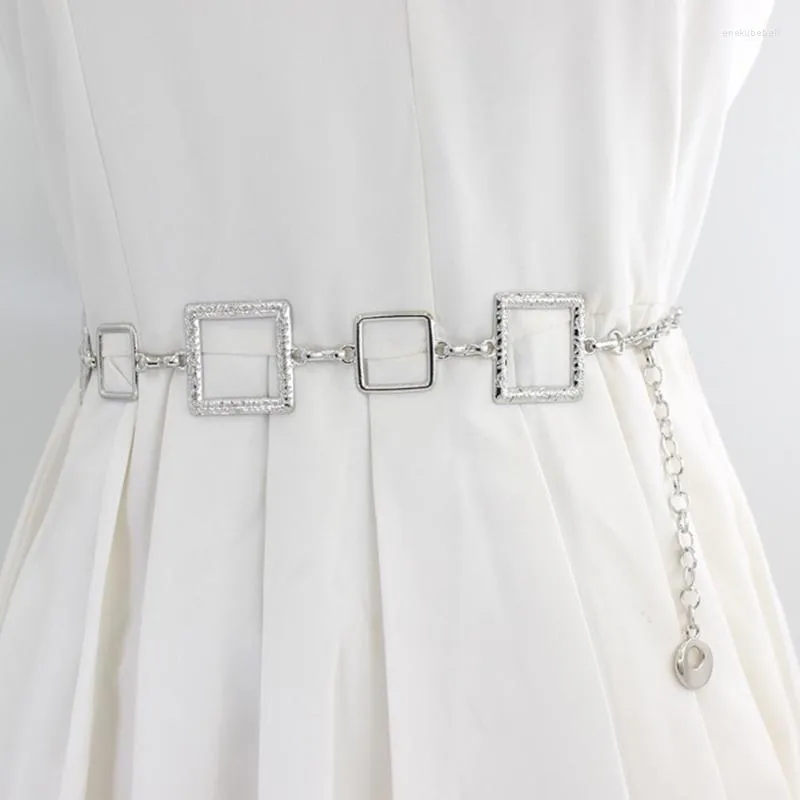 Cinturones, 1 Uds., cadena de cintura de Metal para mujer, decoración redonda cuadrada plateada dorada, accesorios de cintura para vestido a la moda