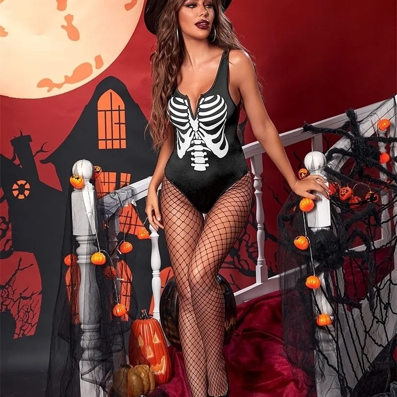 Women Dwuczęściowe spodnie Seksowne Halloween Women 3 Set Skull Print Exotic Bodysuit Black Fishing Net Stockings with Hat Rave Festival Cosplay Stroje 221115