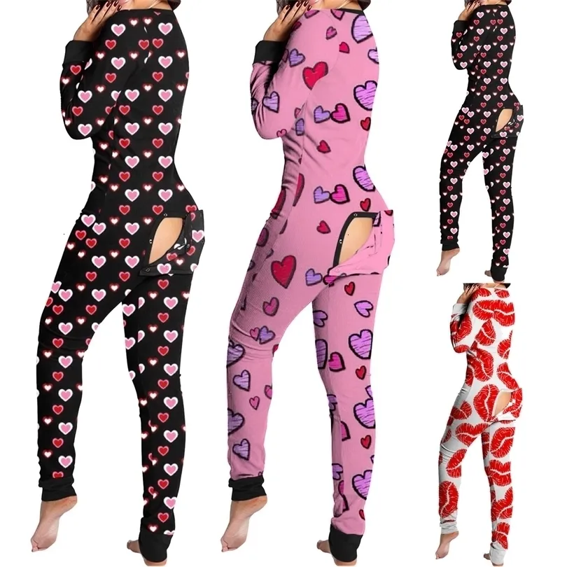 Mulheres Macacões Macacões Sexy Pijama de Natal para Mulheres Ano Buttondown Front Back Butt Bum Open Ass Flap Xmas Print Loungewear 221115