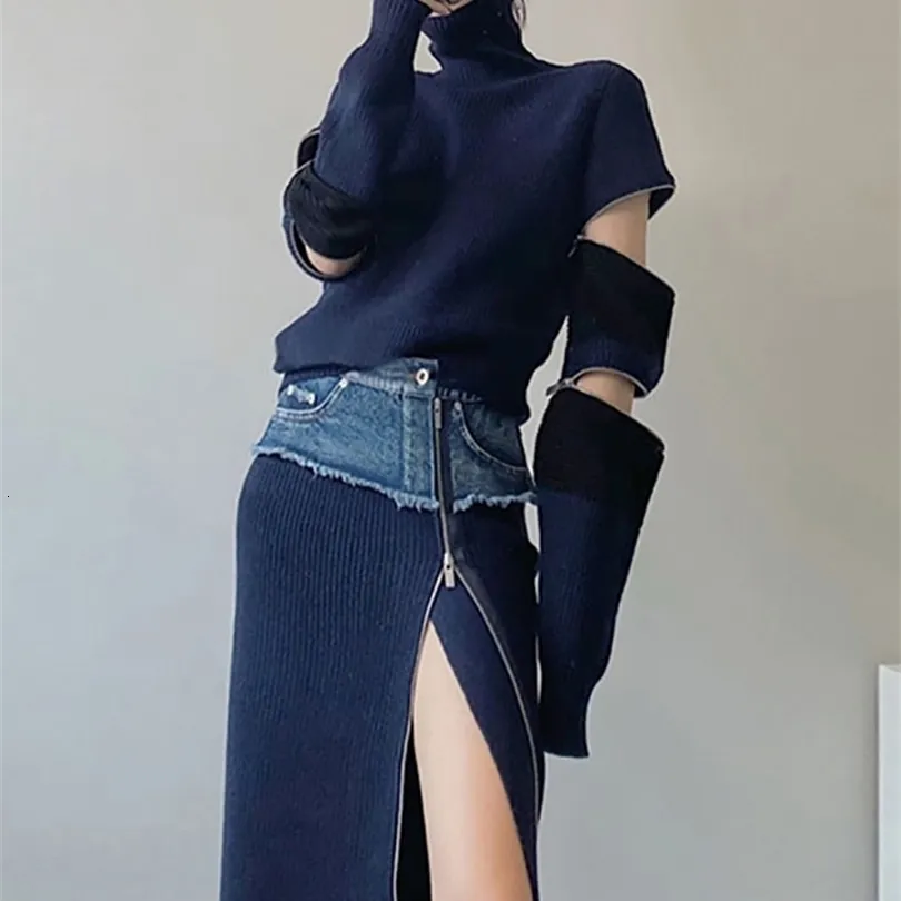 Two Piece Dress XITAO Patchwork Zipper Hole Women Set Winter Casual Fashion Style Temperament Turtleneck Collar Clothes ZY1813 221115