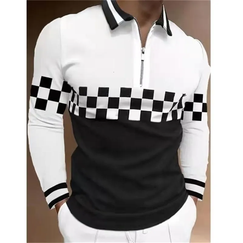 Polos para hombre, ropa, negro, blanco, manga larga, polos para hombre, moda informal, cuello vuelto, diseño de cremallera, Tops 221114