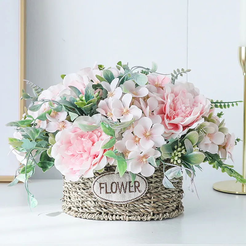 Dekorative Blumen Kränze Rosenstrauß Künstliche Pfingstrose Seide DIY Rosa Hortensie Kunststoff Fake Home Hochzeitsdekoration Tischdekoration 221108