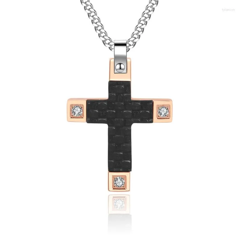 Pendant Necklaces 2022 Trendy Cross Necklace Men Classic Carbon Fiber Stainless Steel Cuban Chain For Jewelry Gift