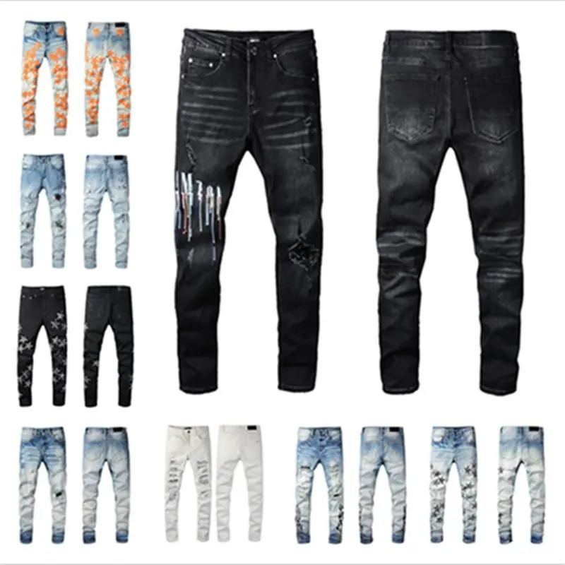 Hombres Marca Jeans European Jean Designer Letter Star Mens Flaco Bordado Casual Streetwear Patchwork Rippedtrend Motocicleta Pantalón Tamaño 29-40 A miris