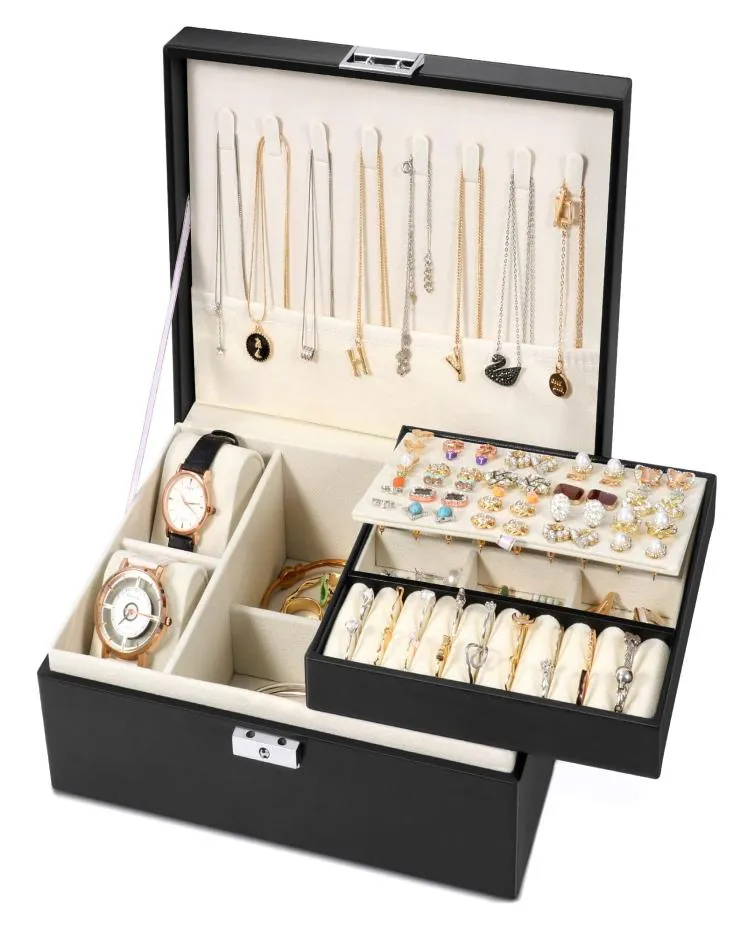 Jewelry Cajas Simboom Box Organizer for Women Girls 2 Layer Gran Men Behor Storage Basting PU Titular de joyería con Remova6195867